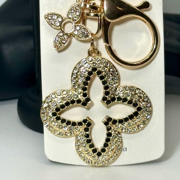 Crystal Clover Keychain Charm - Black & Gold Accent - Picture 2 of 7